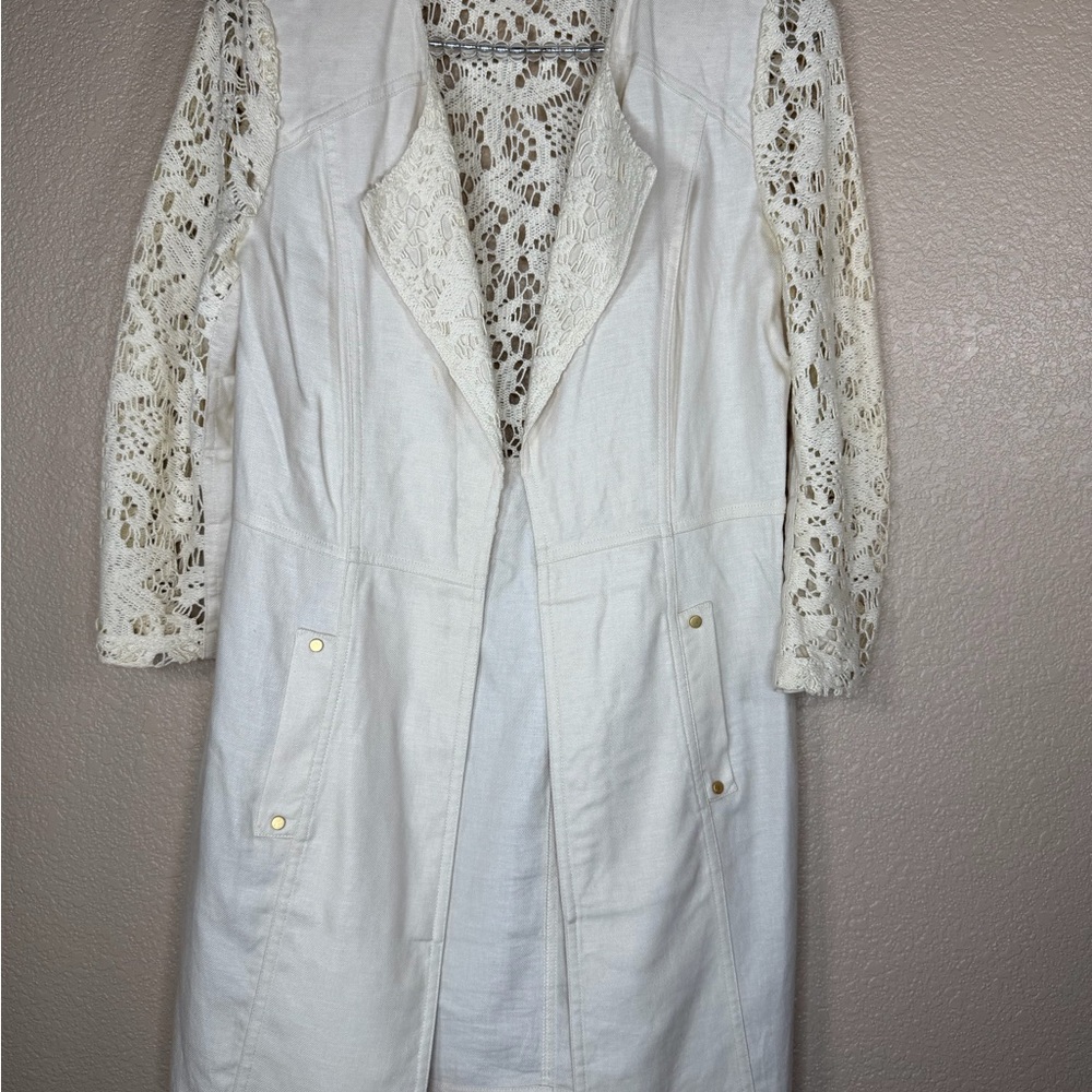 Chico's Ivory Linen Blend Open Front Lace Sleeve Jacket Sz 0